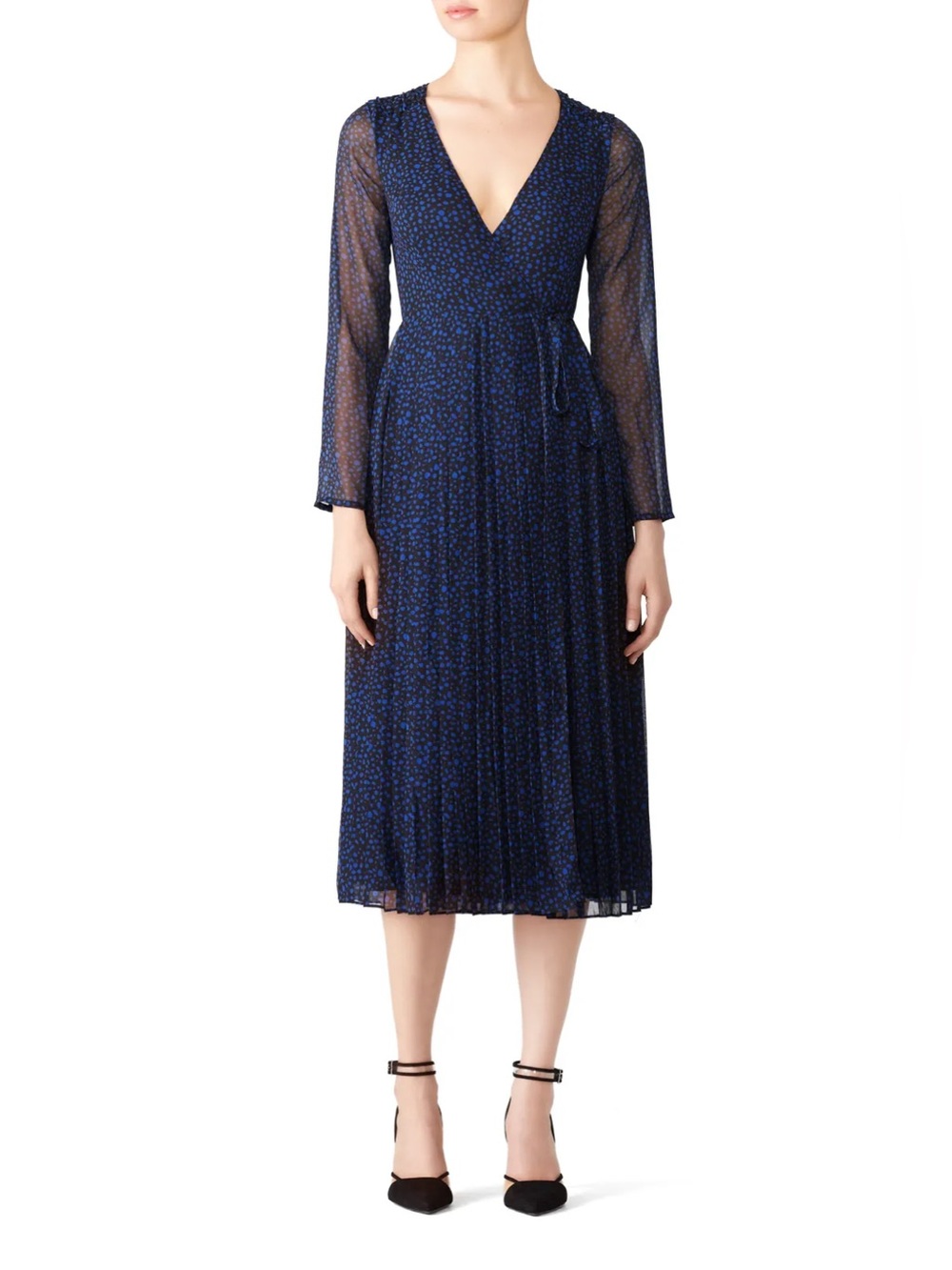 Fame and Partners Joslyn Black Blue Dot Print Chiffon Pleated Midi Dress
